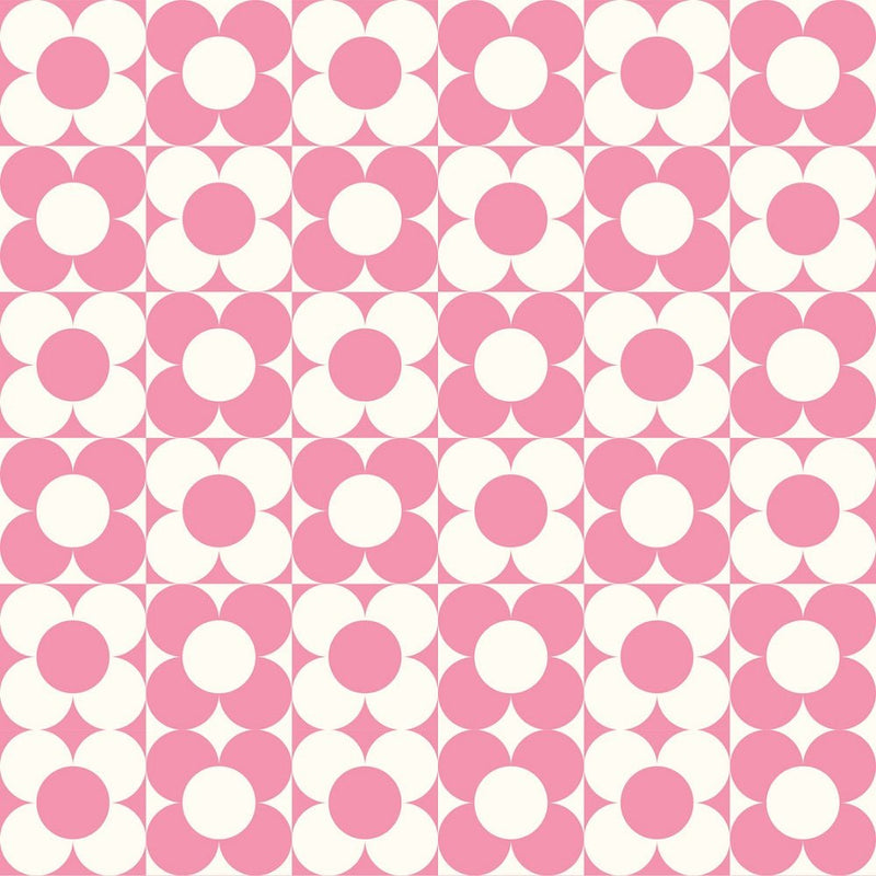 Checkerboard Retro Flowers Fabric - Pink - ineedfabric.com