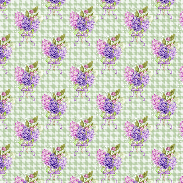 Checkered Lilac Bouquets Fabric - Green - ineedfabric.com