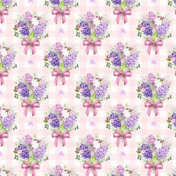 Checkered Lilac Bouquets Fabric - Pink - ineedfabric.com