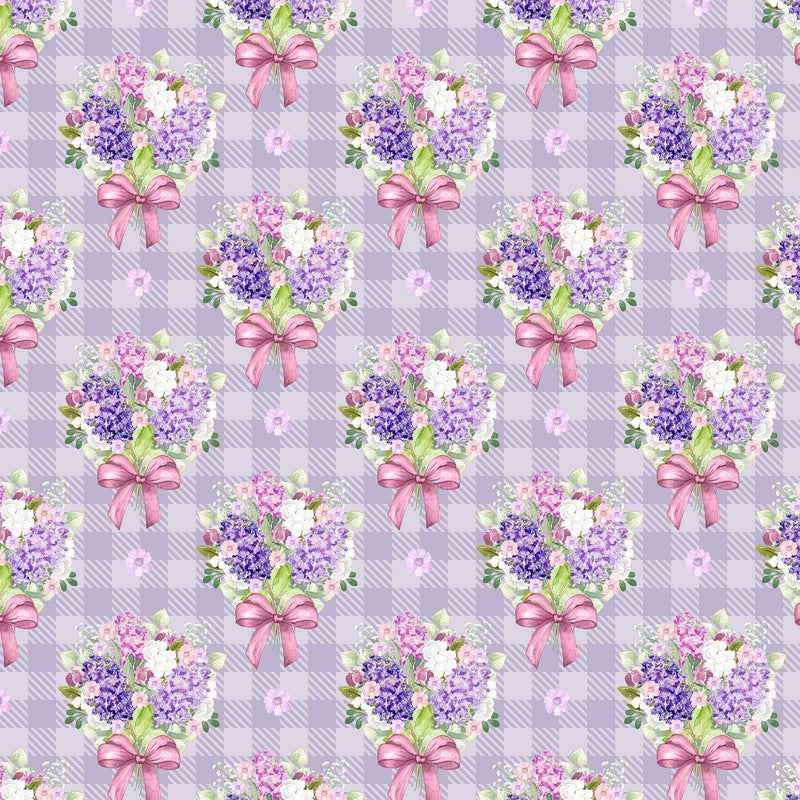 Checkered Lilac Bouquets Fabric - Purple - ineedfabric.com