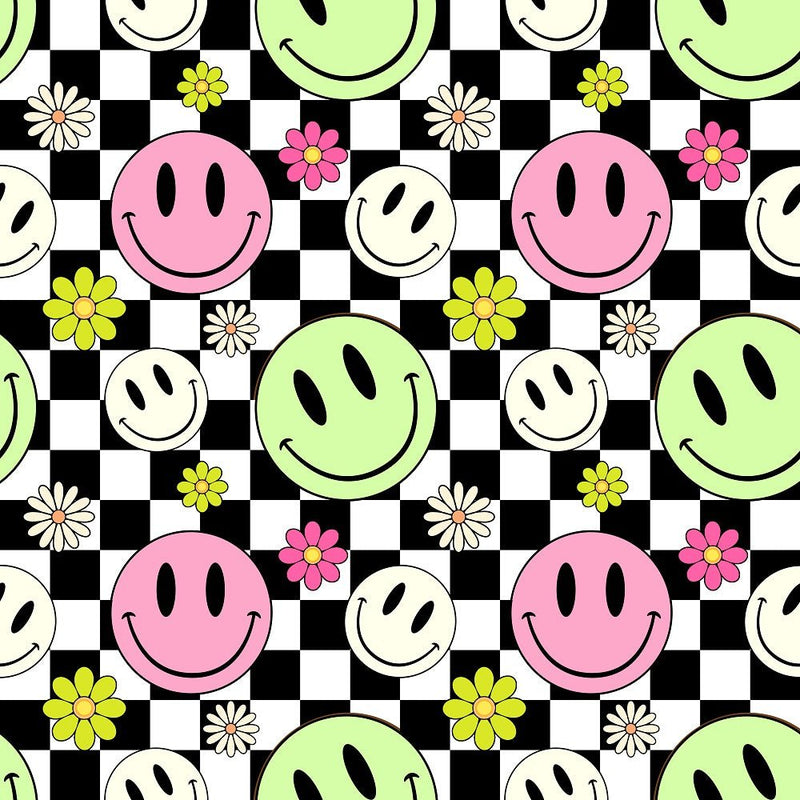 Checkered Smiley Faces Fabric - Pastel - ineedfabric.com