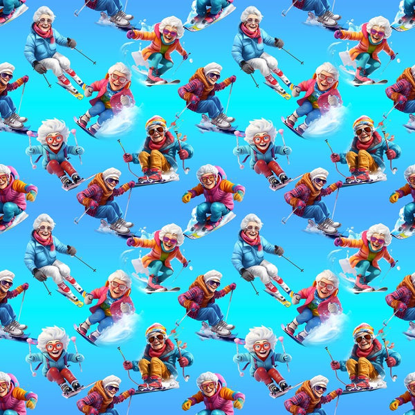 Cheerful Grannies Skiing Fabric - ineedfabric.com