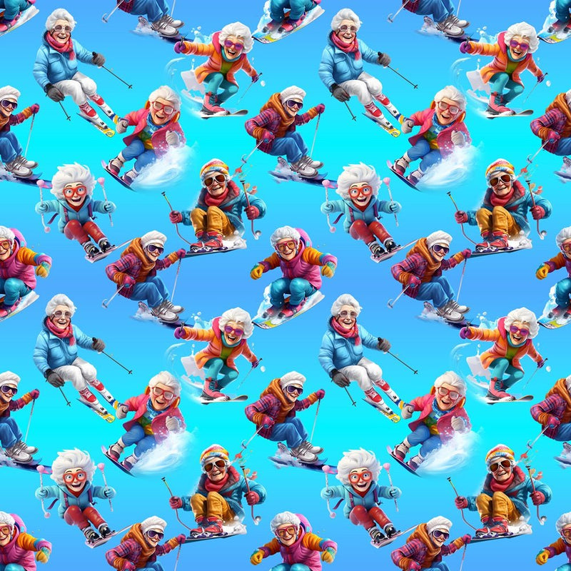 Cheerful Grannies Skiing Fabric - ineedfabric.com