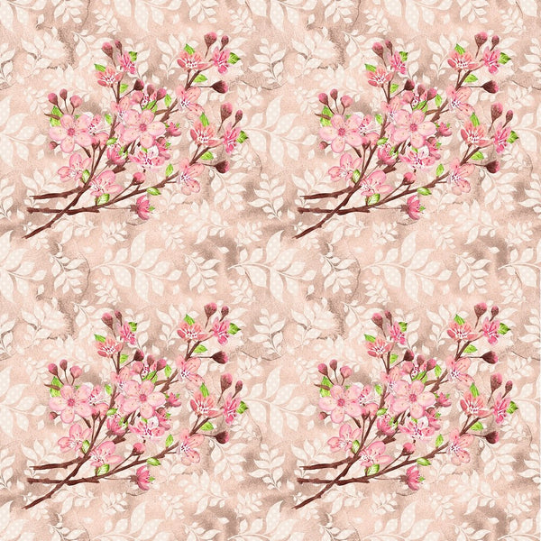 Cherry Blossom Bouquet on Leaves Fabric - Tan - ineedfabric.com