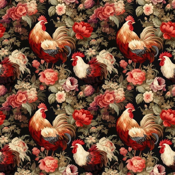 Chickens in Flowerbed Fabric - ineedfabric.com
