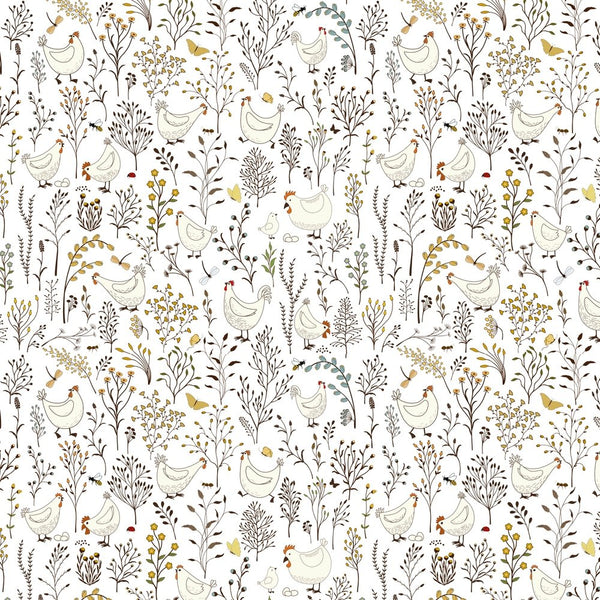 Chickens In The Garden Fabric - White - ineedfabric.com