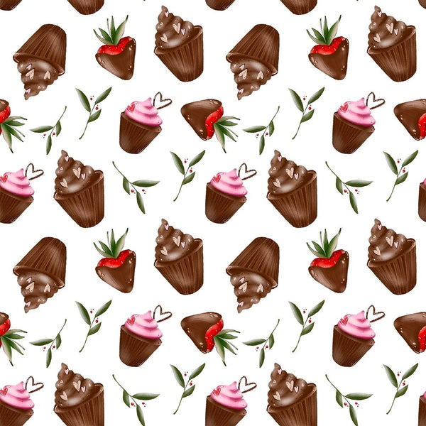 Chocolate Cover Strawberries and Cupcakes Fabric - White - ineedfabric.com