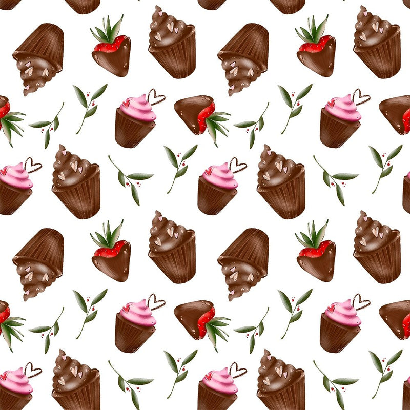 Chocolate Cover Strawberries and Cupcakes Fabric - White - ineedfabric.com