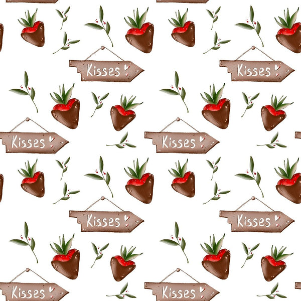 Chocolate Cover Strawberries and Kisses Fabric - White - ineedfabric.com
