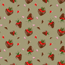 Chocolate Covered Strawberries and Hearts Fabric - Green - ineedfabric.com