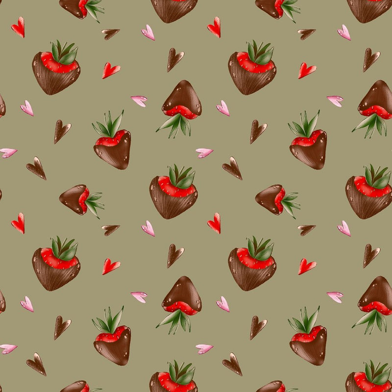 Chocolate Covered Strawberries and Hearts Fabric - Green - ineedfabric.com