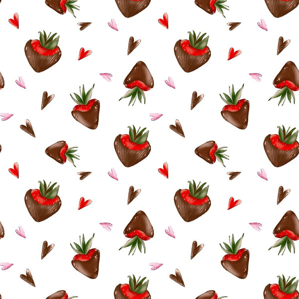 Chocolate Covered Strawberries and Hearts Fabric - White - ineedfabric.com