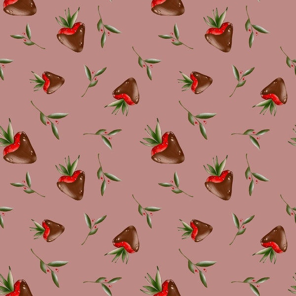 Chocolate Covered Strawberries and Leaves Fabric - Pink - ineedfabric.com