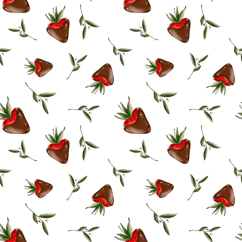 Chocolate Covered Strawberries and Leaves Fabric - White - ineedfabric.com