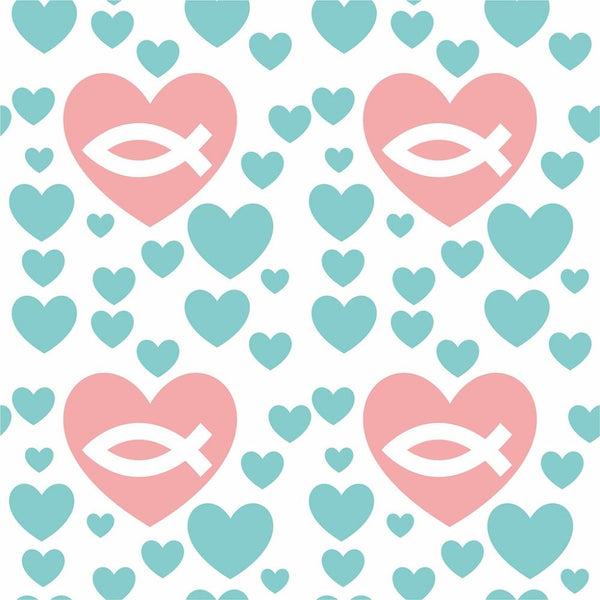 Christian Fish In Heart Fabric - White - ineedfabric.com