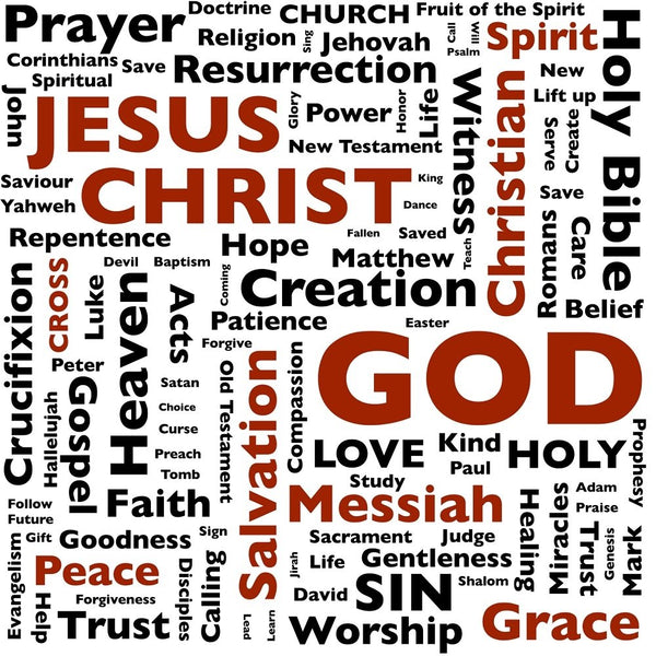 Christian Word Collage Fabric - Red - ineedfabric.com