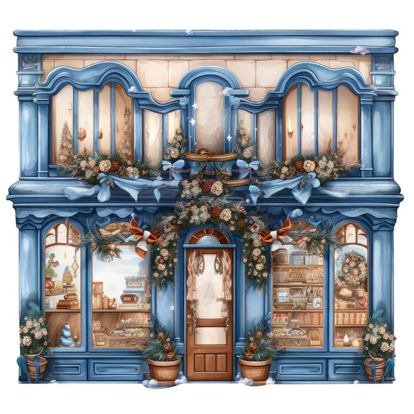 Christmas Antique Storefront Fabric Panel - Blue - ineedfabric.com