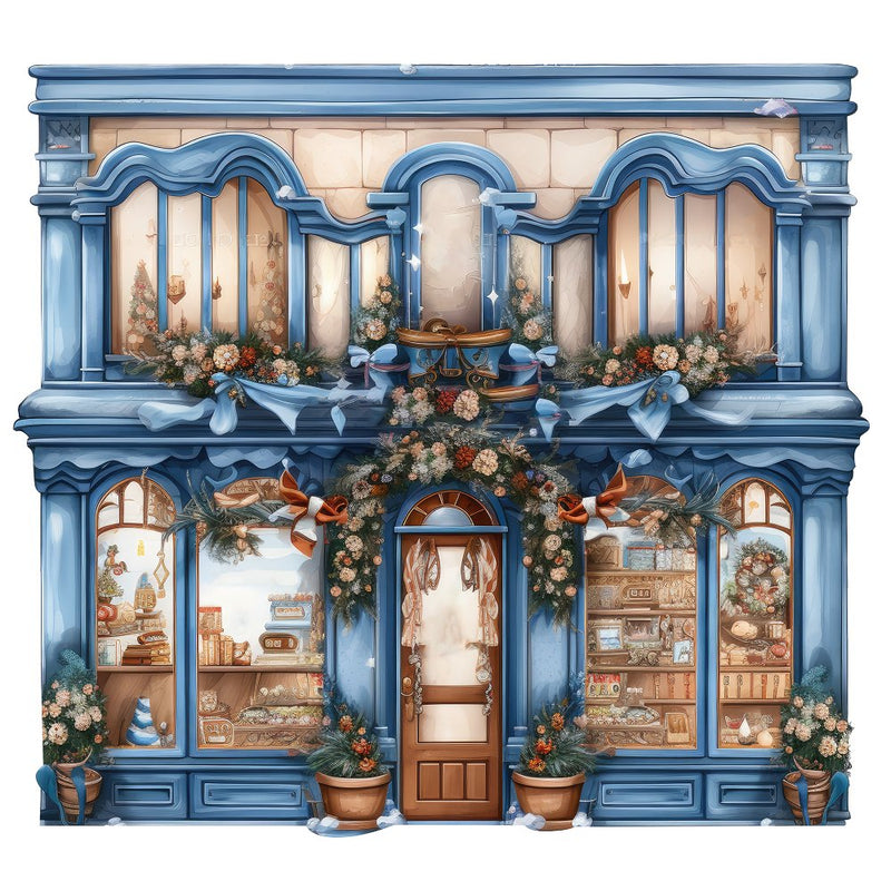 Christmas Antique Storefront Fabric Panel - Blue - ineedfabric.com