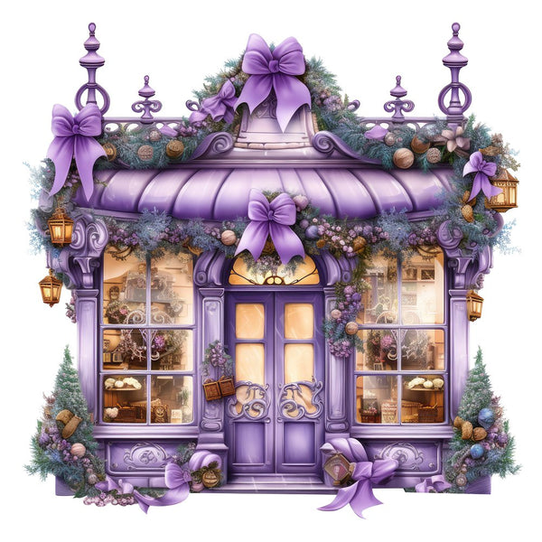 Christmas Boutique Storefront Fabric Panel - Purple - ineedfabric.com
