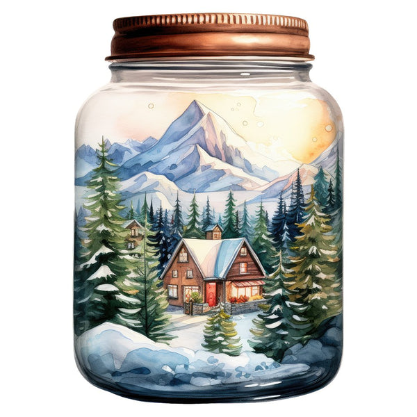 Christmas Cabin with Mountains in a Jar Fabric Panel - ineedfabric.com