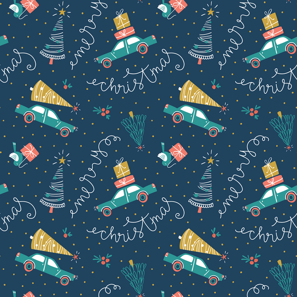 Christmas Cars, Gifts, & Fir Trees Fabric - Navy - ineedfabric.com