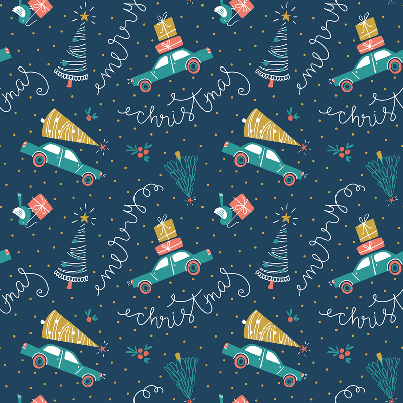 Christmas Cars, Gifts, & Fir Trees Fabric - Navy - ineedfabric.com