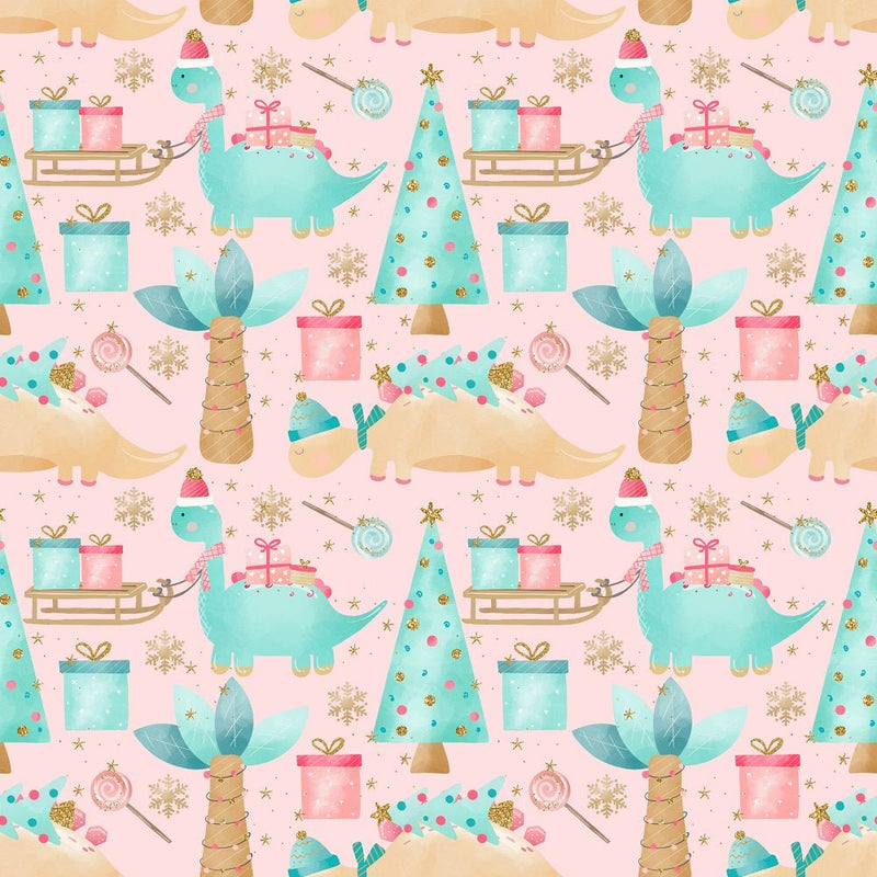 Christmas Dino Assortment Fabric - Pink - ineedfabric.com