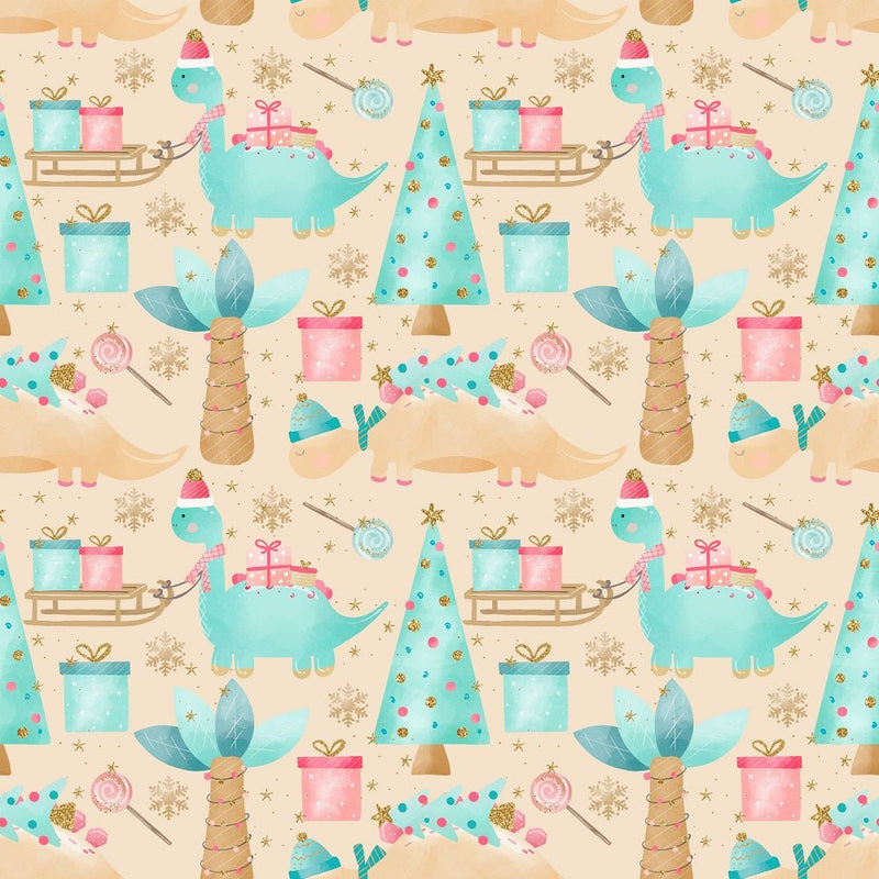 Christmas Dino Assortment Fabric - Tan - ineedfabric.com