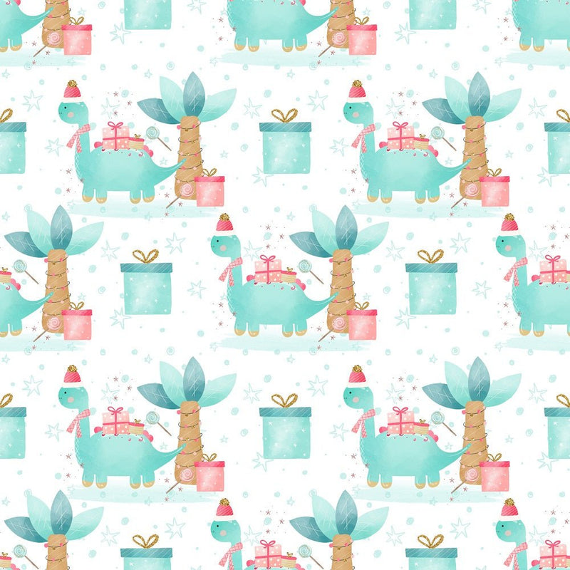 Christmas Dino Palm Tree Scene Fabric - White - ineedfabric.com