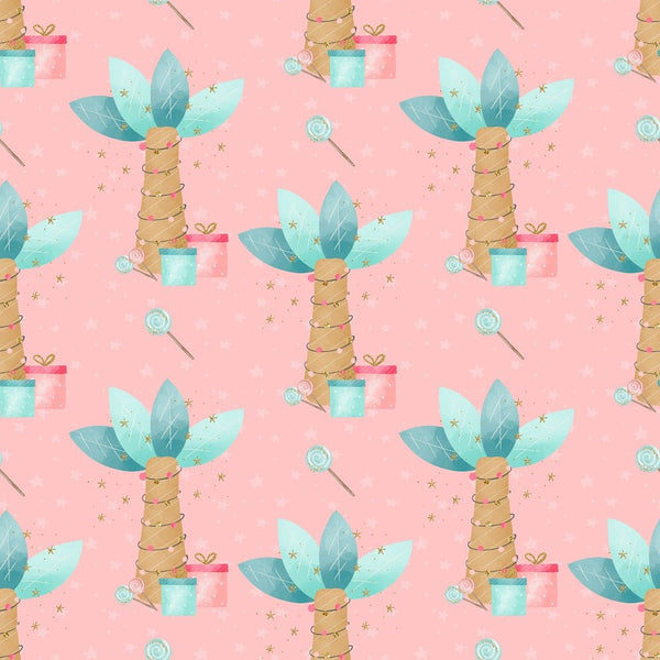Christmas Dino Palm Trees Fabric - Pink - ineedfabric.com