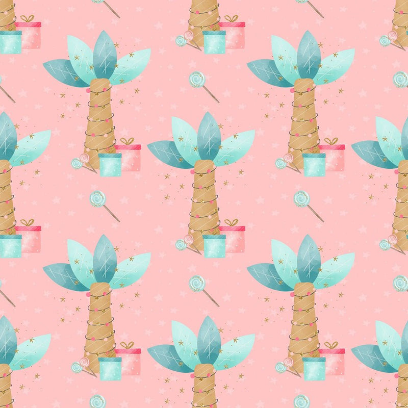 Christmas Dino Palm Trees Fabric - Pink - ineedfabric.com