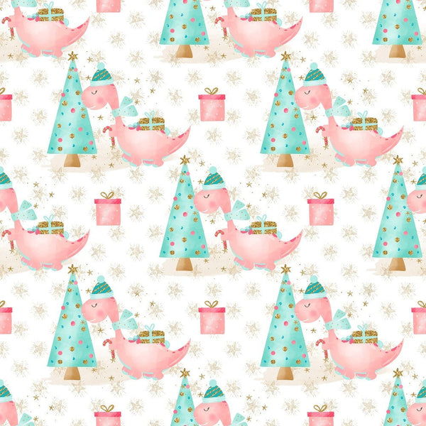 Christmas Dino Scene on Star Fabric - Cream - ineedfabric.com