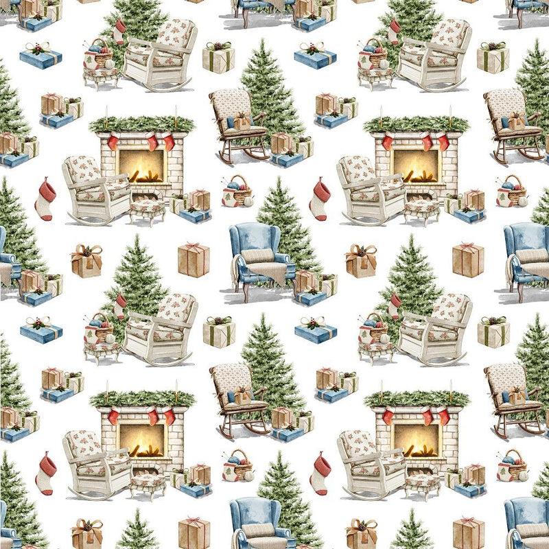 Christmas Fireplace Fabric - White - ineedfabric.com