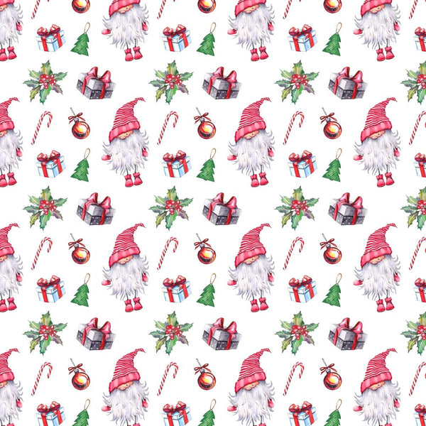 Christmas Forest Gnome With Presents Fabric - White - ineedfabric.com