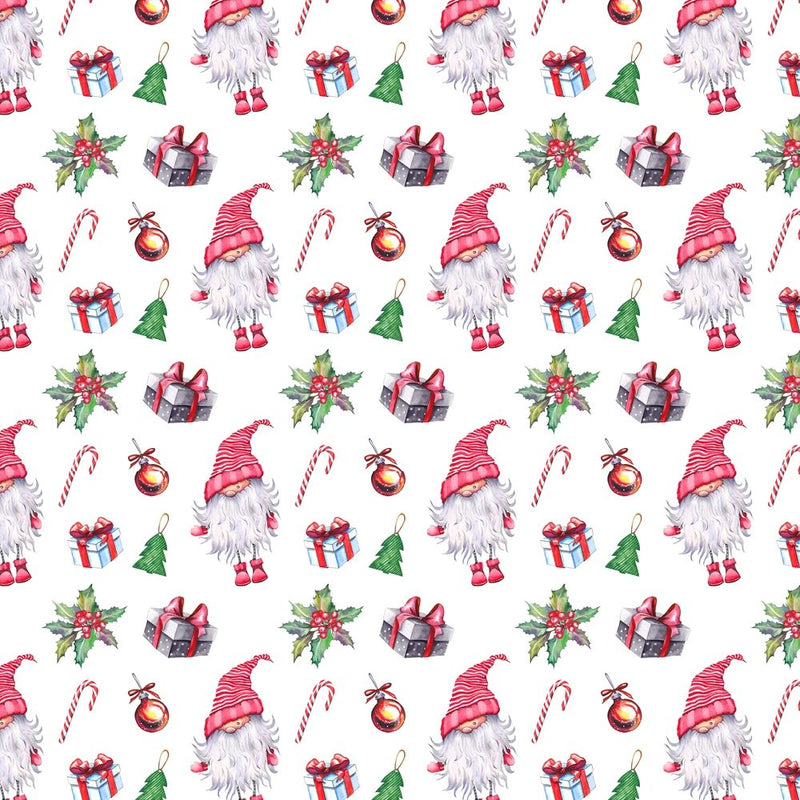 Christmas Forest Gnome With Presents Fabric - White - ineedfabric.com