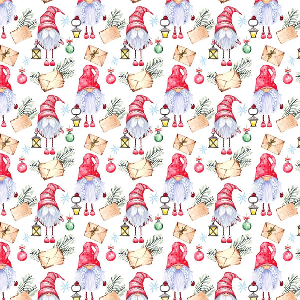 Christmas Forest Gnomes With Letters Fabric - White - ineedfabric.com