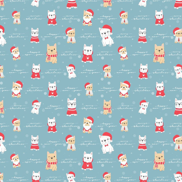 Christmas French Bulldog Fabric - Blue - ineedfabric.com