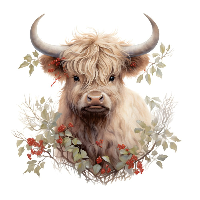 highland cows with leaves and maroon Fabric