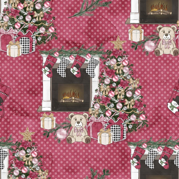 Christmas Home Fireplace on Dots Fabric - Red - ineedfabric.com