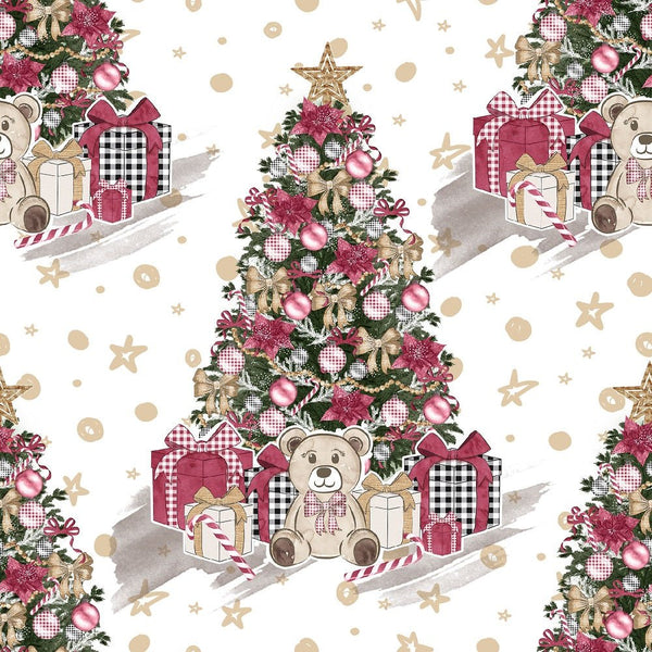Christmas Home Trees on Gold Stars Fabric - White - ineedfabric.com