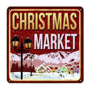 Christmas Market Metal Sign Fabric Panel - Red - ineedfabric.com