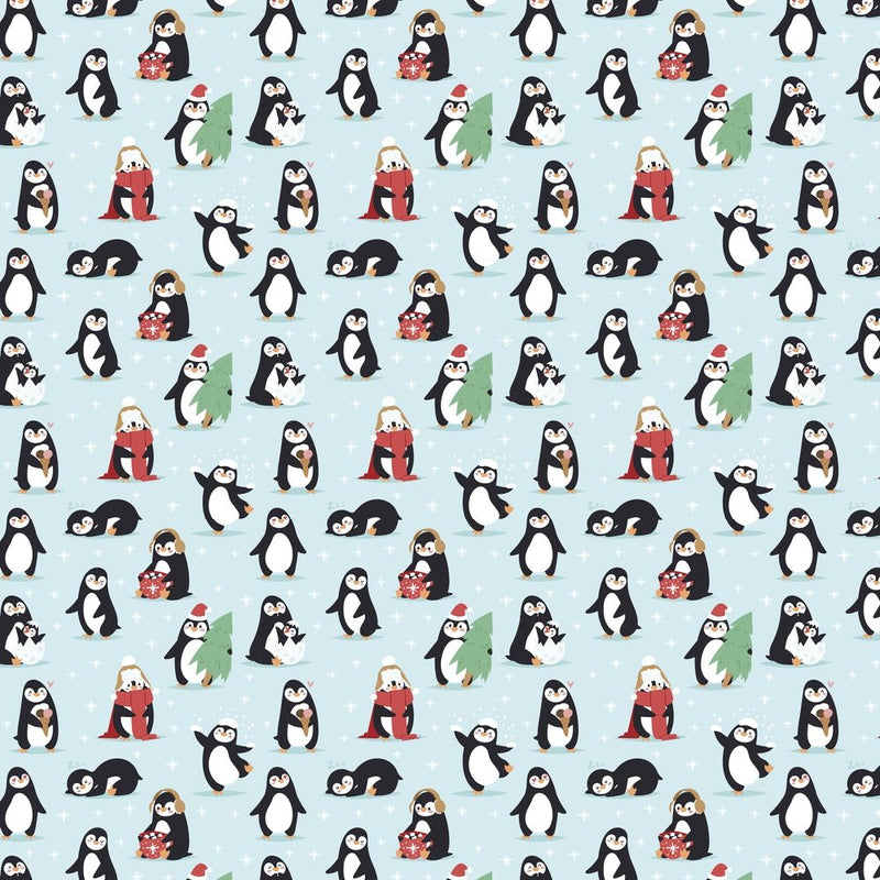 Christmas Penguins Fabric - Blue - ineedfabric.com