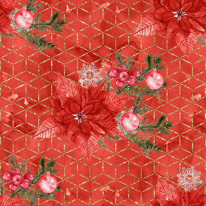 Christmas Plants & Geometrics Fabric - Red - ineedfabric.com