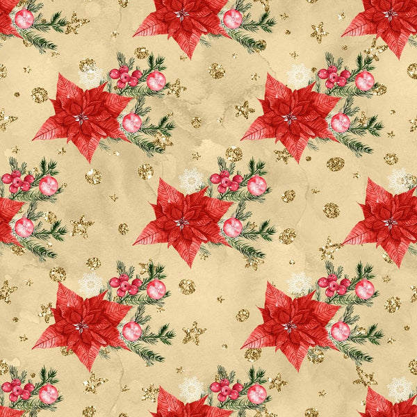 Christmas Plants & Gold Accents Fabric - Tan - ineedfabric.com