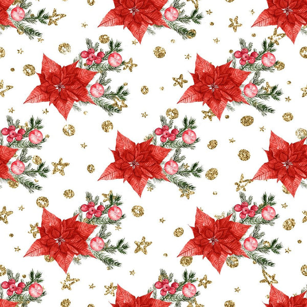 Christmas Plants & Gold Accents Fabric - White - ineedfabric.com