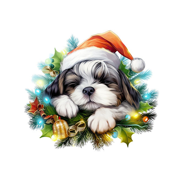 Christmas Sleeping Shih Tzu Fabric Panel - ineedfabric.com