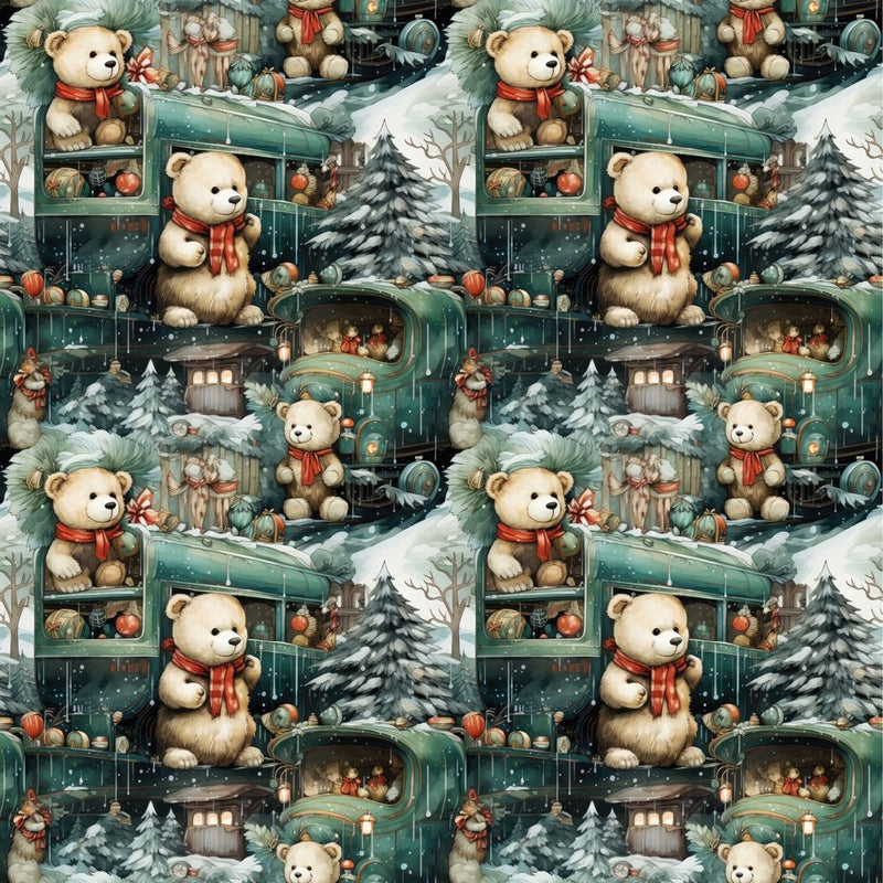 Christmas Teddy Bear on Train Fabric - ineedfabric.com