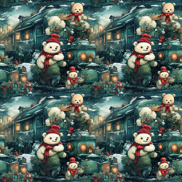 Christmas Train & Bear Fabric - ineedfabric.com