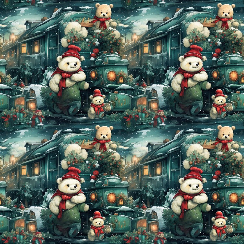 Christmas Train & Bear Fabric - ineedfabric.com