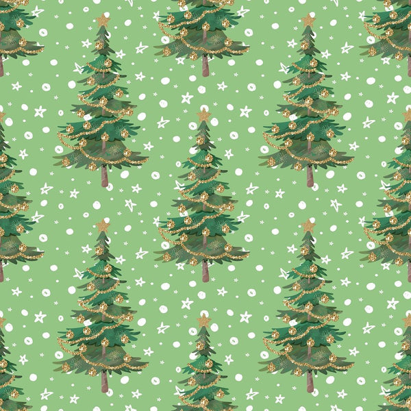 Christmas Trees & Snow Fabric - Green - ineedfabric.com